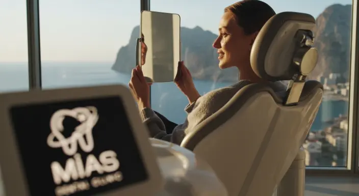 Lüks diş kliniğinde aynada gülümseyen mutlu hasta, beyaz ve estetik dişleriyle.