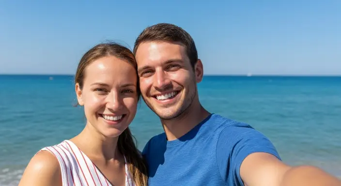 Plajda gülen genç çiftin yaz tatili selfiesi.