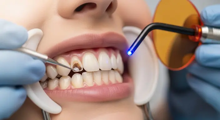 Diş hekimi çürük dişi kompozit dolgu malzemesiyle doldururken, mavi ışıkla kürleme işlemi yapılıyor.