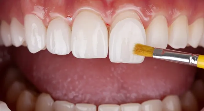 Estetik beyaz dişlere veneer veya bonding uygulaması yapılırken fırça detayı.