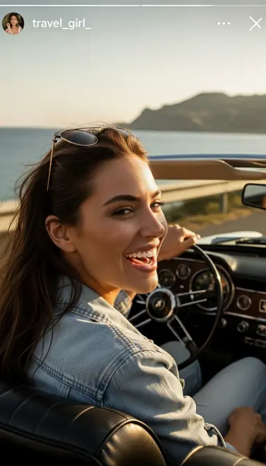 Gün batımı deniz manzaralı yolda, cabrio araba kullanan ve kameraya gülümseyen genç bir kadın.