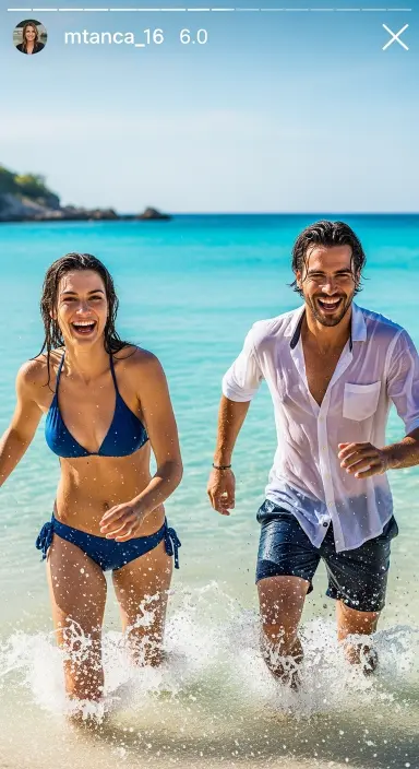 Neşeli bir çift, turkuaz plajda su sıçratarak koşuyor. Yaz tatili ve mutluluk.